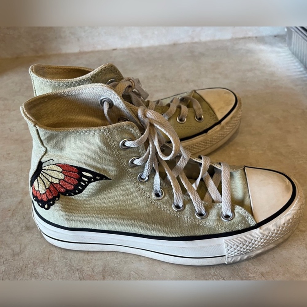 Converse High-Top Canvas Sneakers with Orange Butterfly Embroidery - Beige